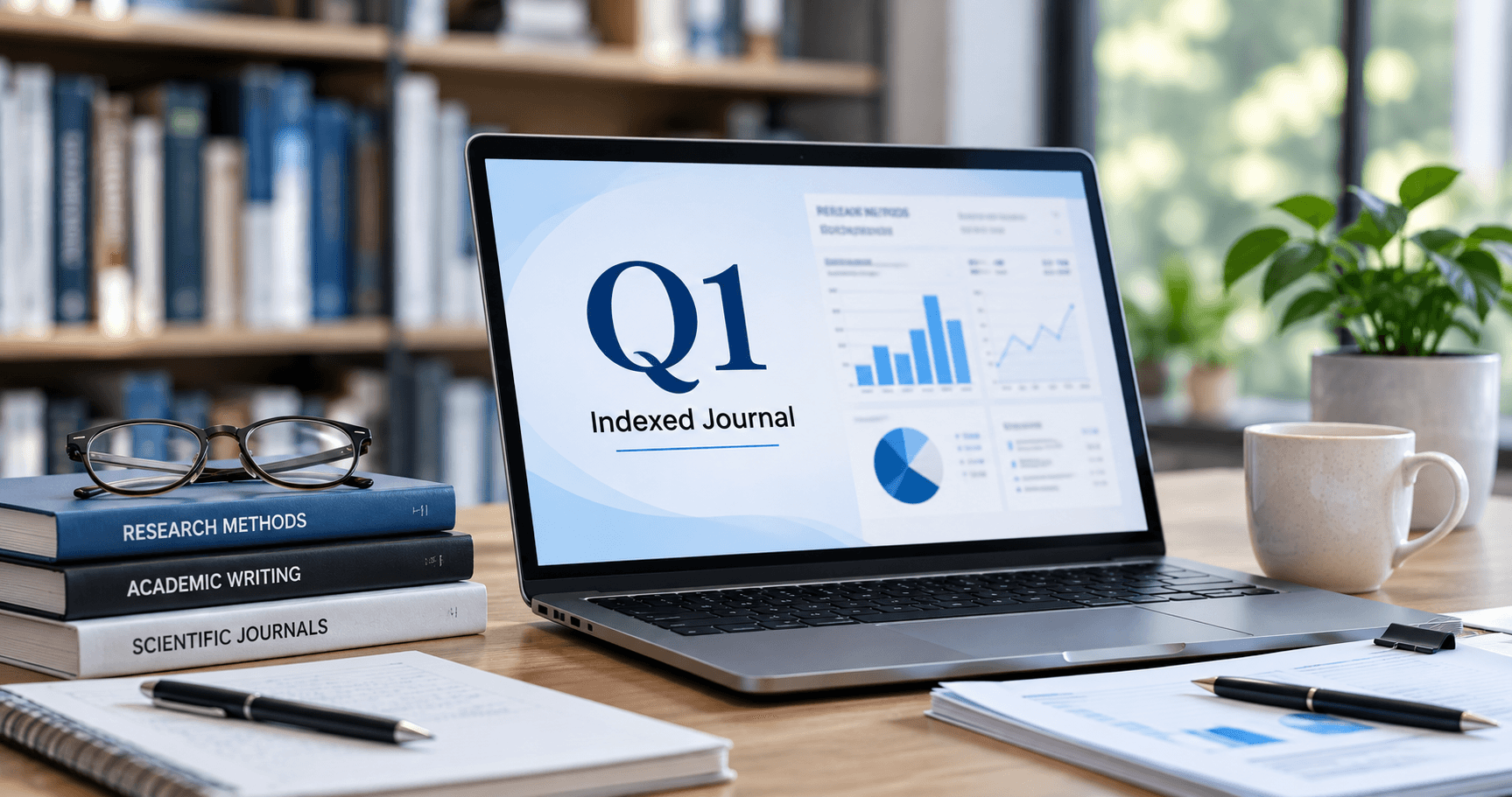 Professional desk with laptop showing Q1 indexed journal research, academic papers, books, and blue-toned workspace